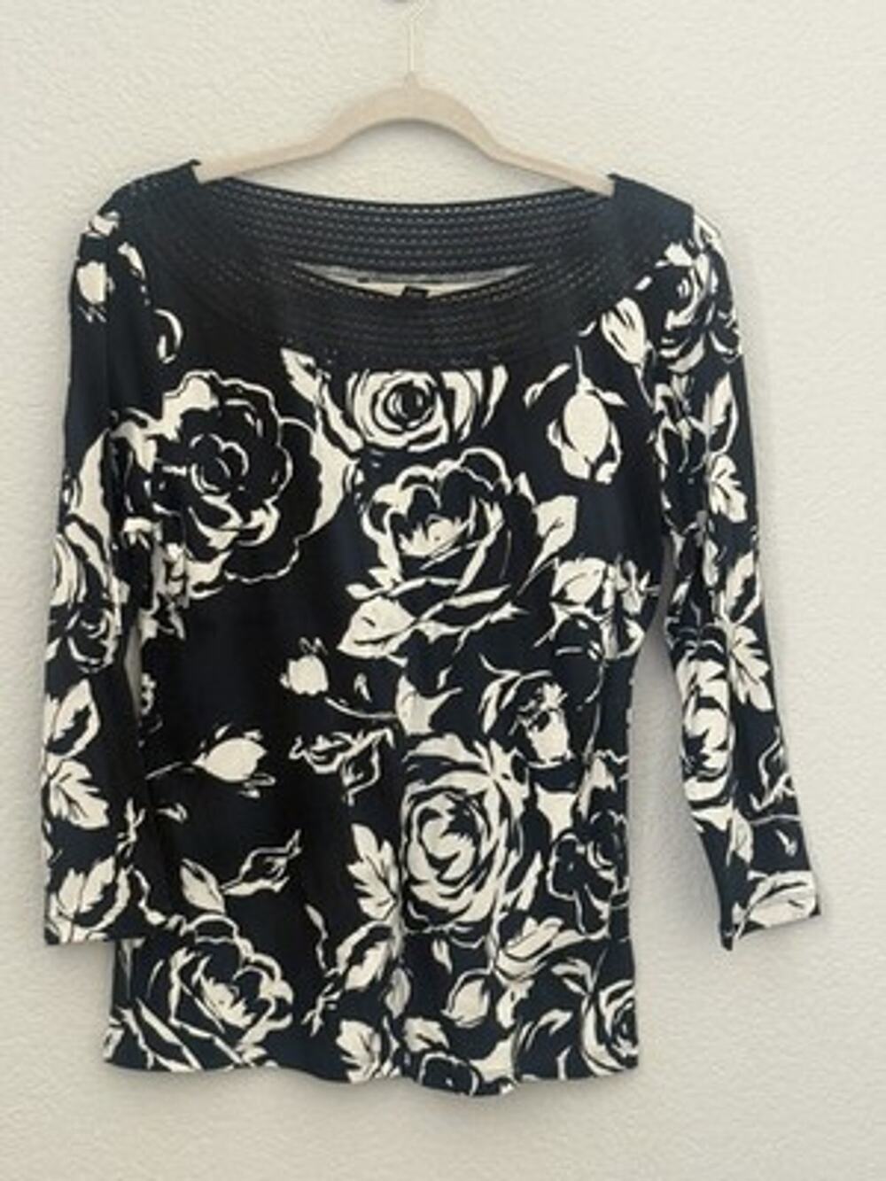 Lauren Ralph Lauren Women’s Size L NWT Black White Floral 3/4 Sleeve Blouse NEW